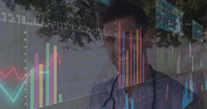 Smiling doctor in scrubs and stethoscope viewing transparent digital display in lab, with charts