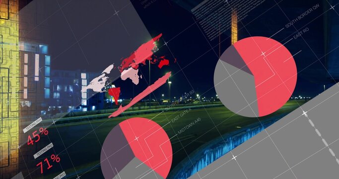 Fototapeta Displaying pie chart hovering over nighttime runway lights, with 45% 71% world map, copy space