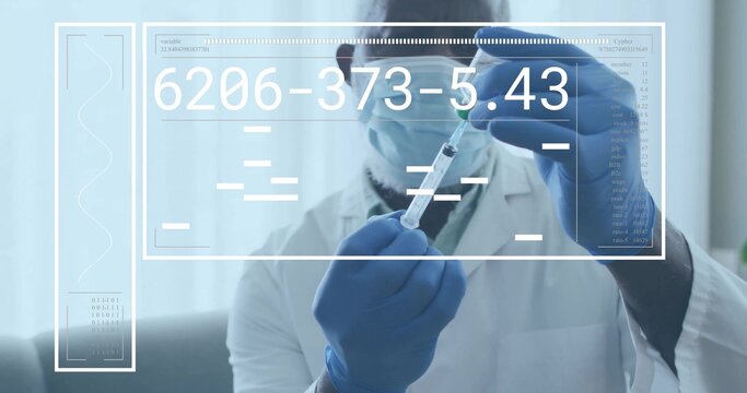 Clinician in lab coat drawing clear liquid from vial into syringe at desk, with data overlay - Powered by Adobe
