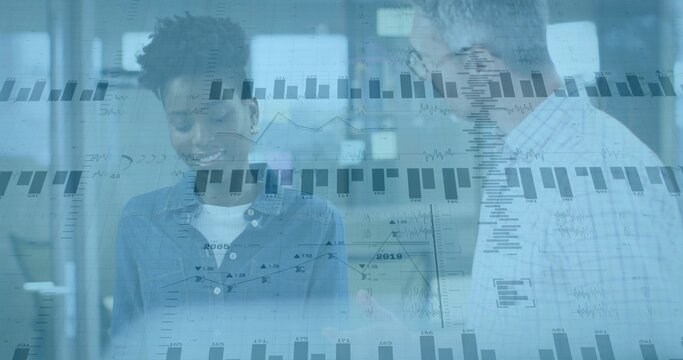 Analyzing specialist and manager studying data projections at office, with transparent interface