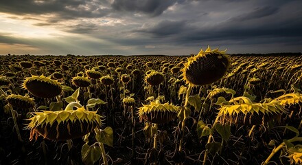 Dramatic Sunset Over a Vast Field of Wilted Sunflowers Under a Stormy Sky.
