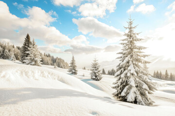 Naklejka premium Sunlight illuminates snow-covered evergreen trees in a serene winter landscape, creating a picturesque and peaceful atmosphere