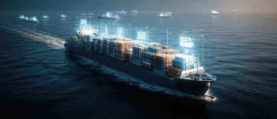 Obraz premium Digital Maritime Transit: An illustration captures a futuristic cargo vessel sailing across the open ocean, its journey overlaid with glowing digital data streams.