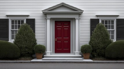Obraz premium Front view of classic colonial house with burgundy red door and pale gray trim on white background