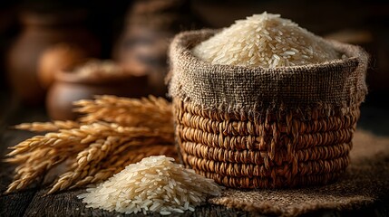 White rice grains overflowing from woven basket high resolution picture