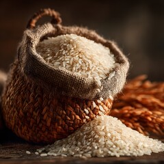 White rice pile beside woven basket high resolution picture