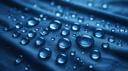 Close up of water droplets on blue waterproof fabric with a shallow depth of field and soft lighting textile