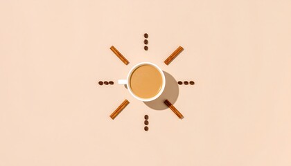 Flat lay of coffee cup with cinnamon sticks and coffee beans arranged in sunburst pattern