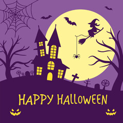 Happy Halloween Greeting Card Vector — Spooky Haunted House Silhouette for Party Invitations