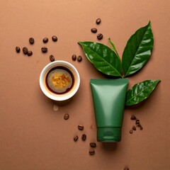 Flat lay of coffee beans, coffee, and green leaves with a tube of skin care product