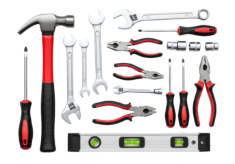 Gleaming, new hand tools: red-handled hammer, chrome wrenches, polished pliers, black/red screwdrivers, green-bubble spirit level, top-down on transparent with copy space. Essential quality equipment