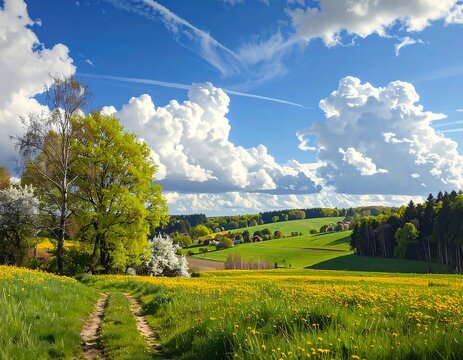 A picturesque rural landscape unfolds under a vibrant sky filled with fluffy white clouds, showcasing rolling hills, lush green fields, and a path winding through a meadow of bright yellow flowers.