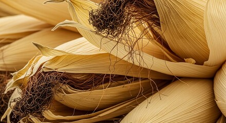 Harvested Corn - Close-up of Dried Corn Husks and Silks, Rustic Autumnal Texture.