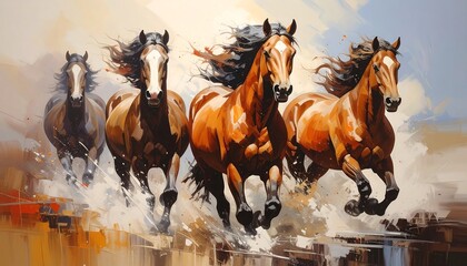 Majestic Brown Horses Galloping Through Water Painting.
