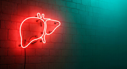 Red neon sign of a human liver on a dark brick wall with teal backlighting. Concept for liver disease awareness, health warnings, or organ donation.