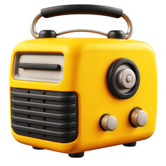 A yellow retro radio with a handle isolated on transparent background, a vintage device for listening music