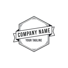 Vintage logo with hexagon shape and banner for company name and tagline.