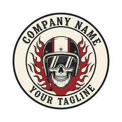 Vintage motorcycle club logo featuring a skull in a helmet and goggles, engulfed in red flames, with placeholder text for company name and tagline.