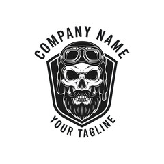 Vintage bearded skull wearing pilot helmet and goggles emblem, black and white illustration.