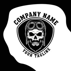 Vintage motorcycle logo featuring a skull wearing a pilot helmet and goggles, with a beard, and the words 
