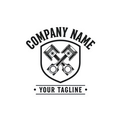 Black and white logo featuring crossed pistons inside a shield with company name and tagline.