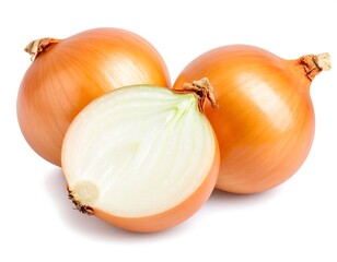 Two whole and one halved onions on white