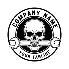 Black and white circular logo featuring a skull holding a wrench, with company name and tagline.
