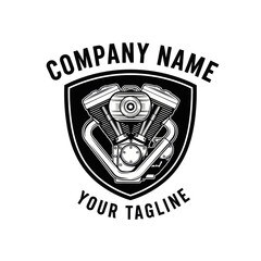 Vintage motorcycle engine emblem design with shield shape and company name and tagline.