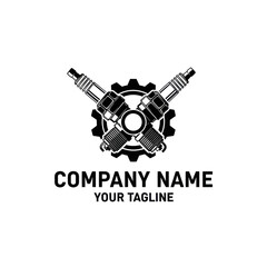 A black and white automotive logo featuring two crossed spark plugs positioned over a mechanical gear.