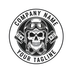 Vintage monochrome motorcycle club emblem with a skull in a helmet and crossed pistons.