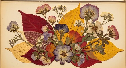 Pressed Flower and Leaf Arrangement, Autumnal Colors, Artistic Composition.