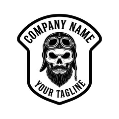 Black and white illustration of a skull wearing a pilot's hat and goggles, with a beard and mustache.