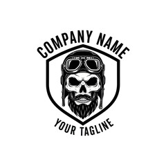 Skull with aviator helmet and beard logo design in black and white.