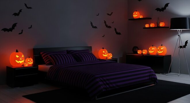 Spooky halloween bedroom decor with glowing jack o lanterns at night