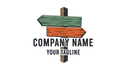 Wooden signpost with green and orange arrows, company name and tagline.