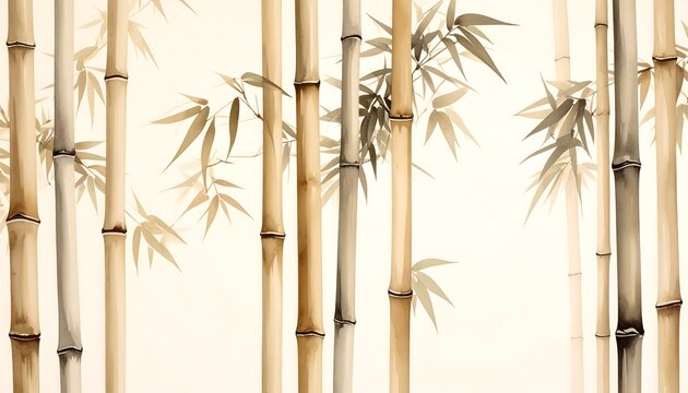 A serene and elegant depiction of bamboo stalks and leaves, showcasing a soft palette of muted browns and beige tones.