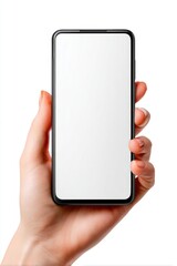 Woman hand holding smartphone with blank white screen