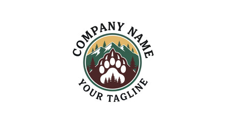 Circular logo with a bear paw print over a mountain range and forest, with placeholder text for company name and tagline.