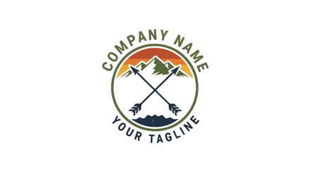 A circular logo featuring crossed arrows in front of mountains and water, with text 