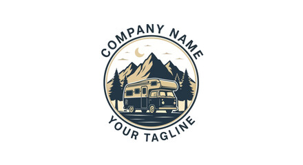 RV in mountain landscape logo design with trees and moon.