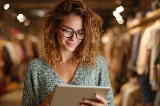 Shop assistant managing inventory using a tablet in a fashion store - Powered by Adobe