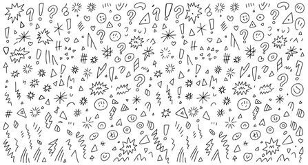 Hand-drawn question and exclamation marks geometric shapes and doodle icons background