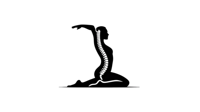 Woman with Visible Spine in Yoga Pose, Spinal Health, Posture, Back Pain Relief, Healthcare, Wellness, Anatomy Illustration