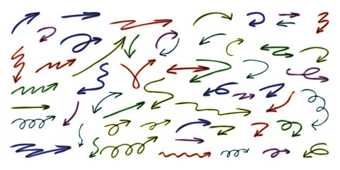 Set of simple hand drawn creative black arrows with a colored base Grunge style Black vector collection Isolated elements on white background Brush strokes Vector graphic box Modern vector icons