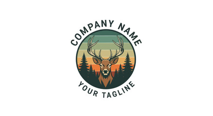 Vintage logo featuring a deer in a forest at sunset.