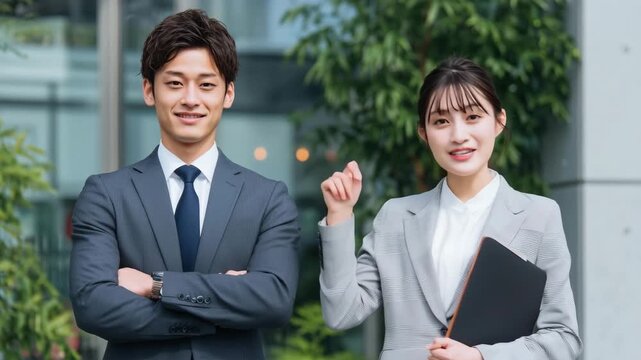 男女が若手の屋外ビジネスポートレート