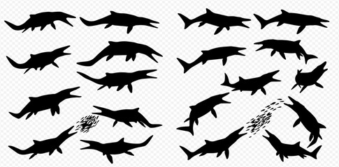 Black silhouettes of prehistoric marine reptiles and shark-like creatures in various dynamic poses, some with open mouths and water spray.
