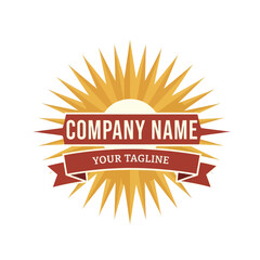 Retro sunburst logo template with banners for a company name and tagline.