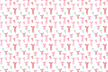 Pattern with pink and colorful cute bows. Watercolor style. Gift wrapping for Christmas.