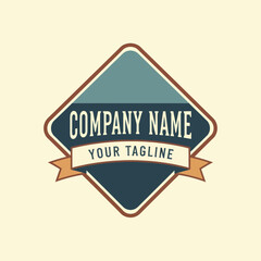 Vintage-style diamond-shaped logo badge with a ribbon banner and placeholder text 